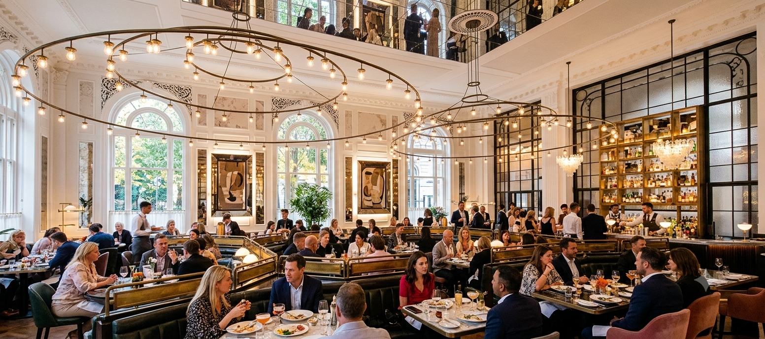 A bustling restaurant dining room with a brass chandelier